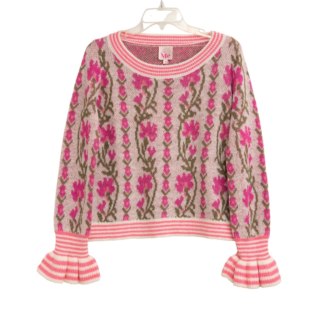 SO ME Knit Sweater NEW Sz M Pink Floral Vine Ruffle Cuff CottageCore Coquette